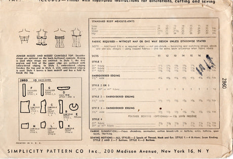 1940's Simplicity Camisole or Halter Top Pattern with or without Peplum - Bust 32" - No. 2860