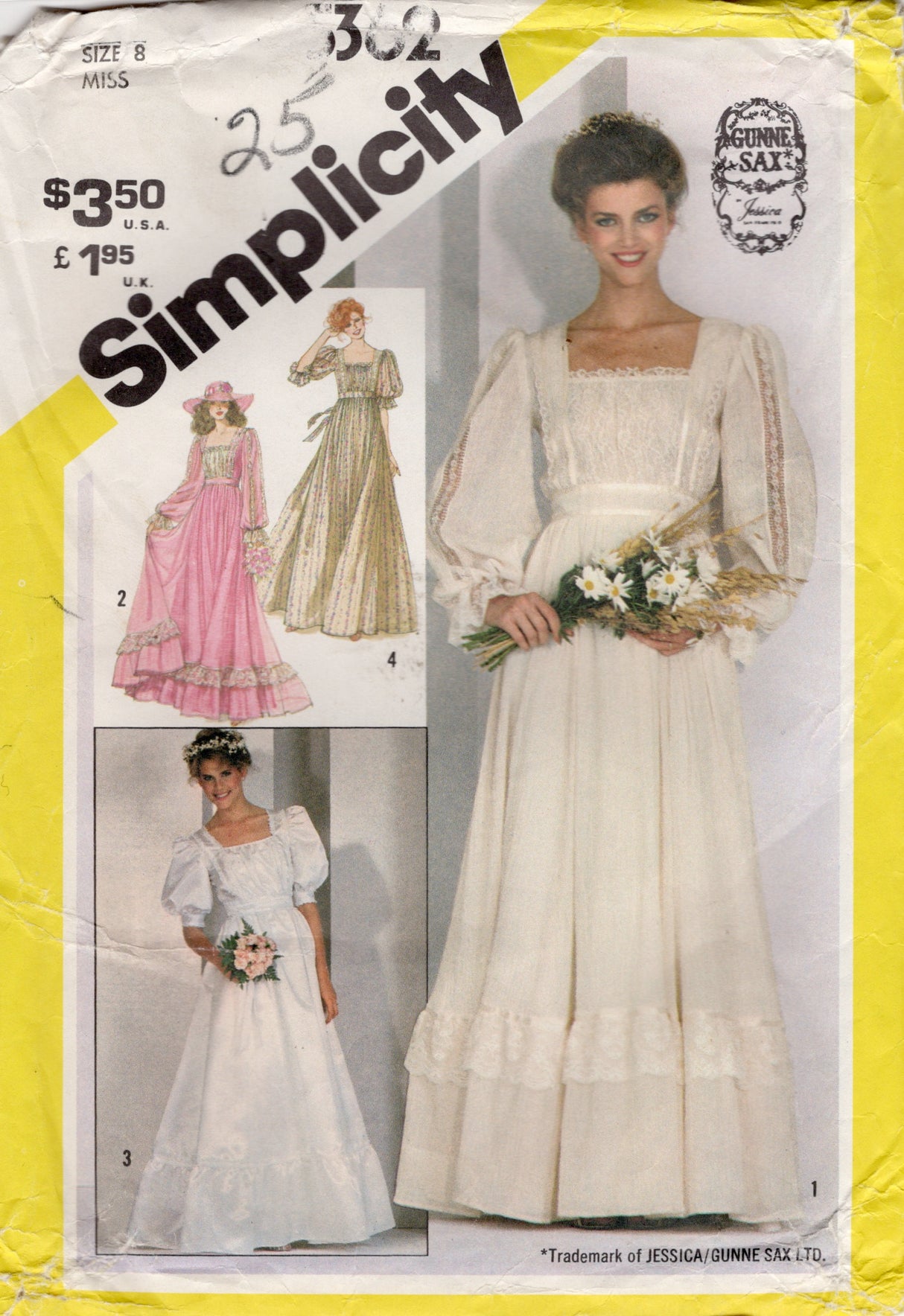 1980's Simplicity GUNNE SAX Prairie Dress or Wedding Dress with Square Neckline - Bust 31.5" - No. 5362