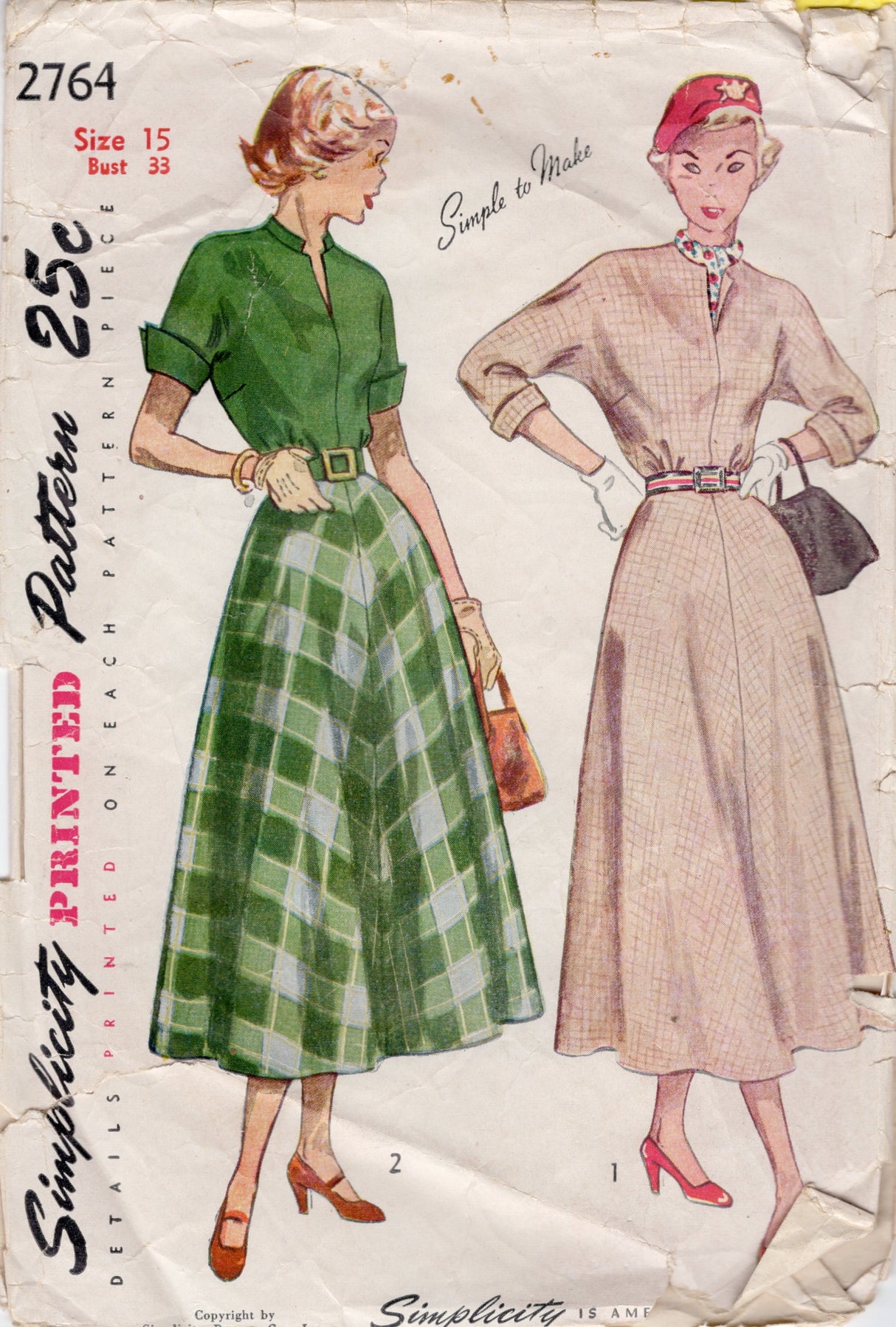 1940's Simplicity One Piece Dress Pattern with Slit Neckline - Bust 33" - No. 2764