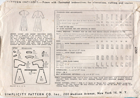 1940's Simplicity One Piece Dress Pattern with Slit Neckline - Bust 33" - No. 2764