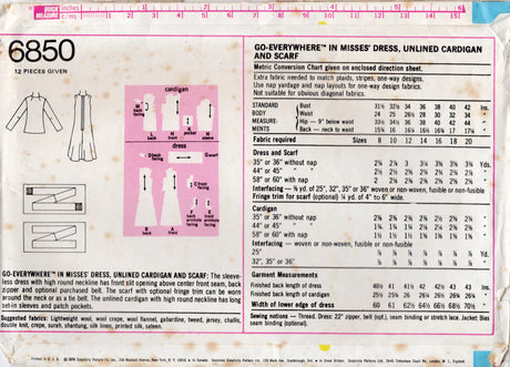 1970's Simplicity Unlined Cardigan and Scarf Pattern - Bust 40-42" - No. 8650