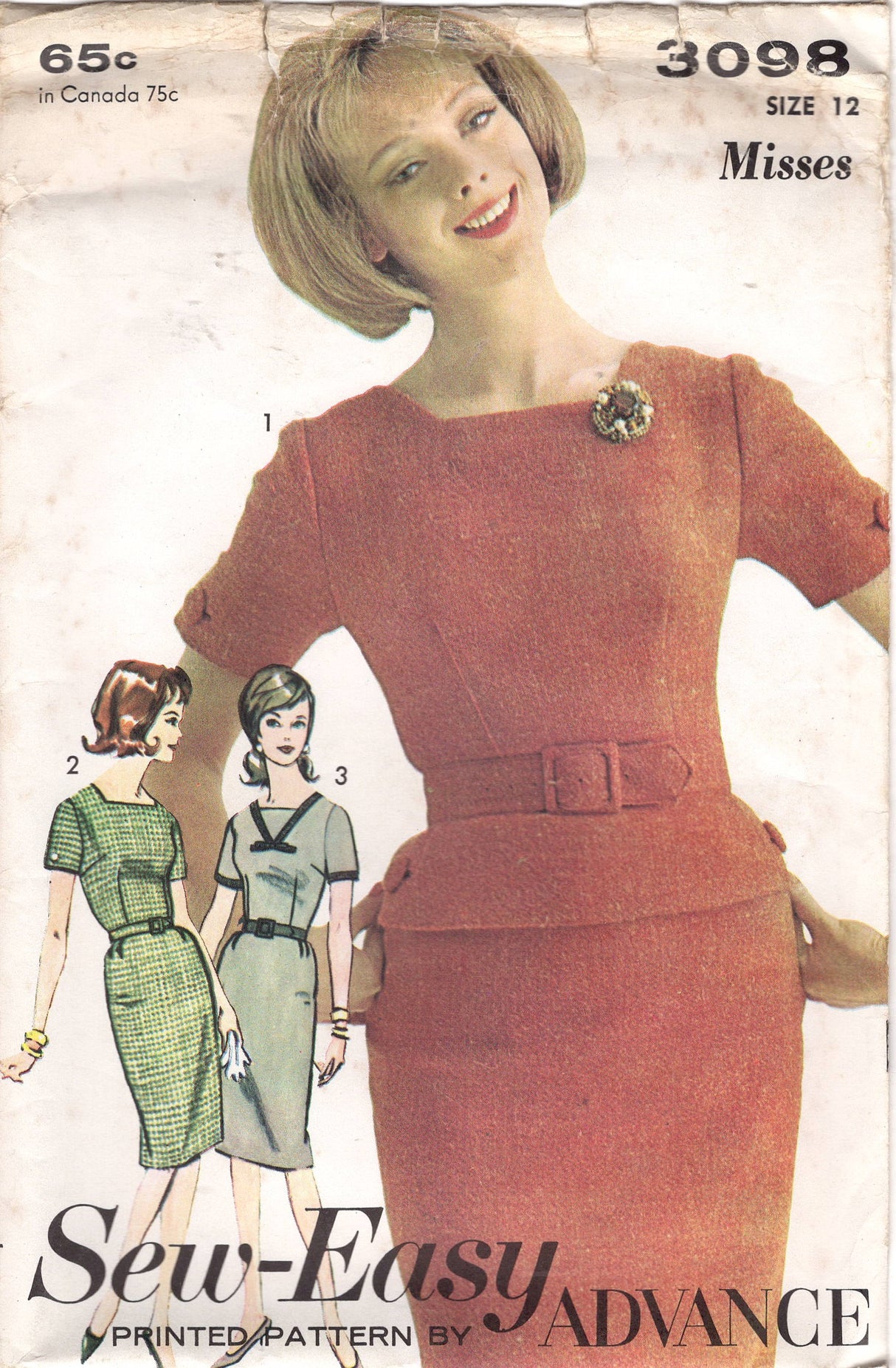 1960's Advance One-Piece Dress Pattern with Square Jewel Neckline and Peplum - Bust 32" - No. 3098