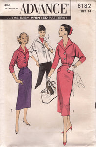 1950's Advance Button Front Blouse with Oversize Collar and Slim Skirt with Pockets Pattern - Bust 34" - no. 8182