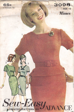 1960's Advance One-Piece Dress Pattern with Square Jewel Neckline and Peplum - Bust 32