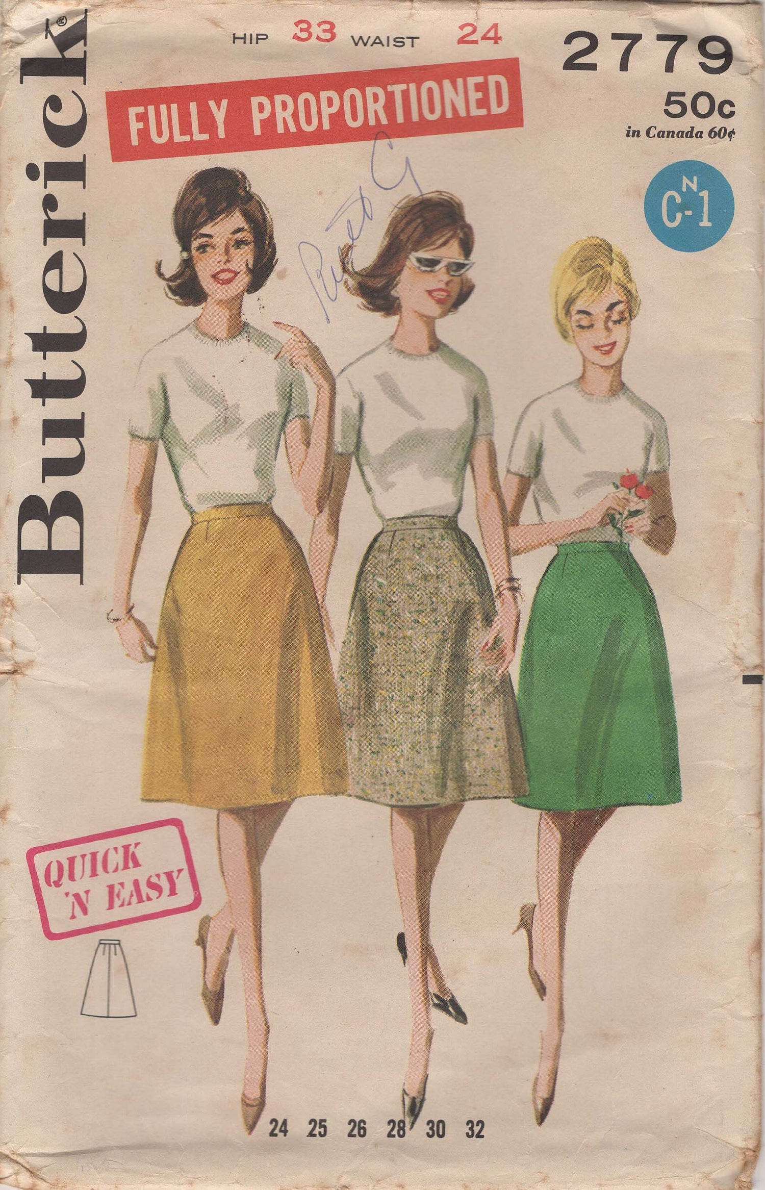 1960's Butterick A Line Skirt Pattern Waist 24