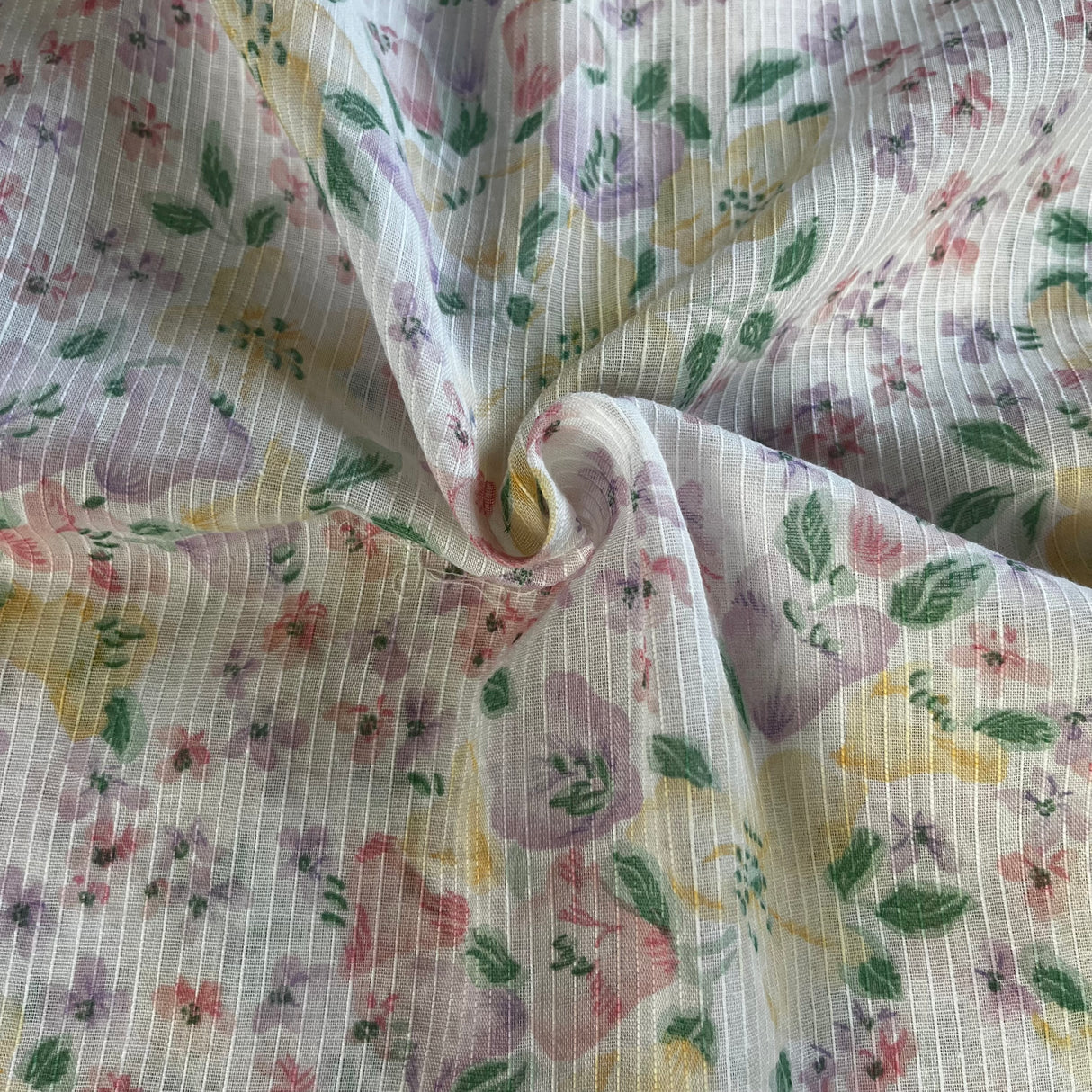 1980’s White Single Bar Dimity with Pastel flowers Cotton Blend Fabric - (P128)