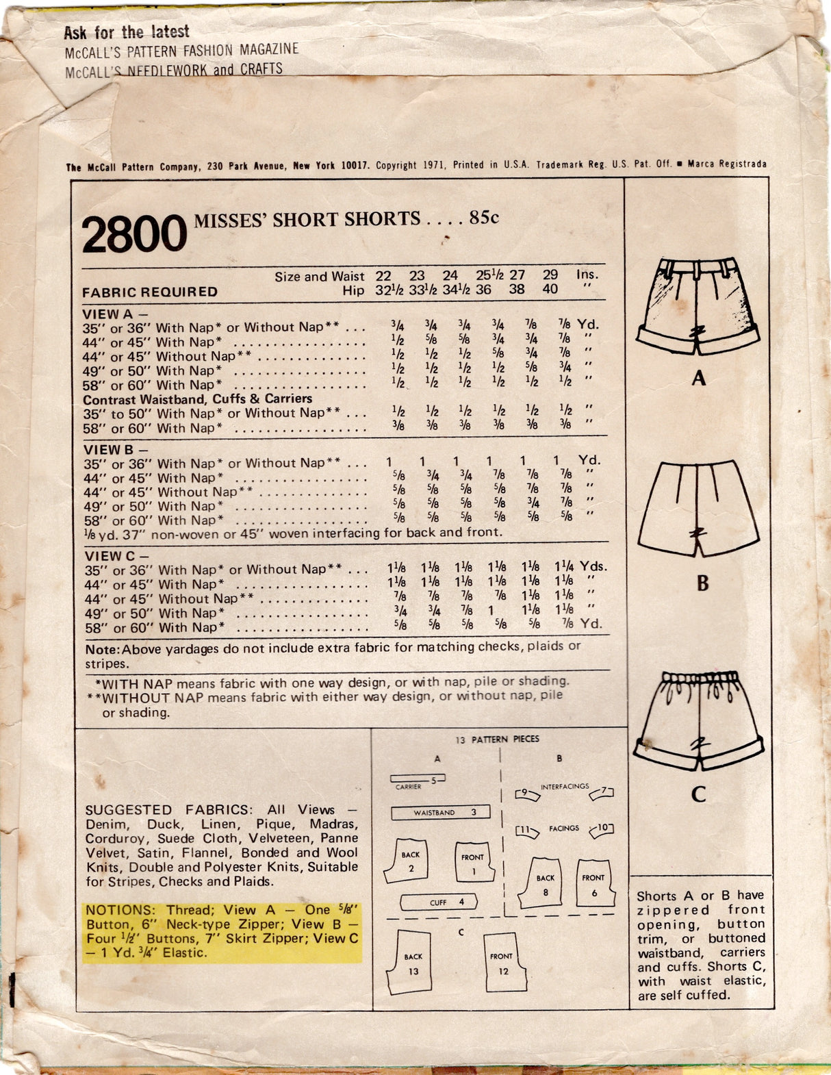 1970's McCall's "Hot Ones" Shorts Pattern - Waist 25.5" - No. 2800