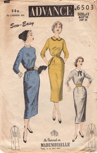 1950's Advance Sheath Dress Pattern with High Neckline and Peter Pan Collar pattern - Bust 30" - No. 6503