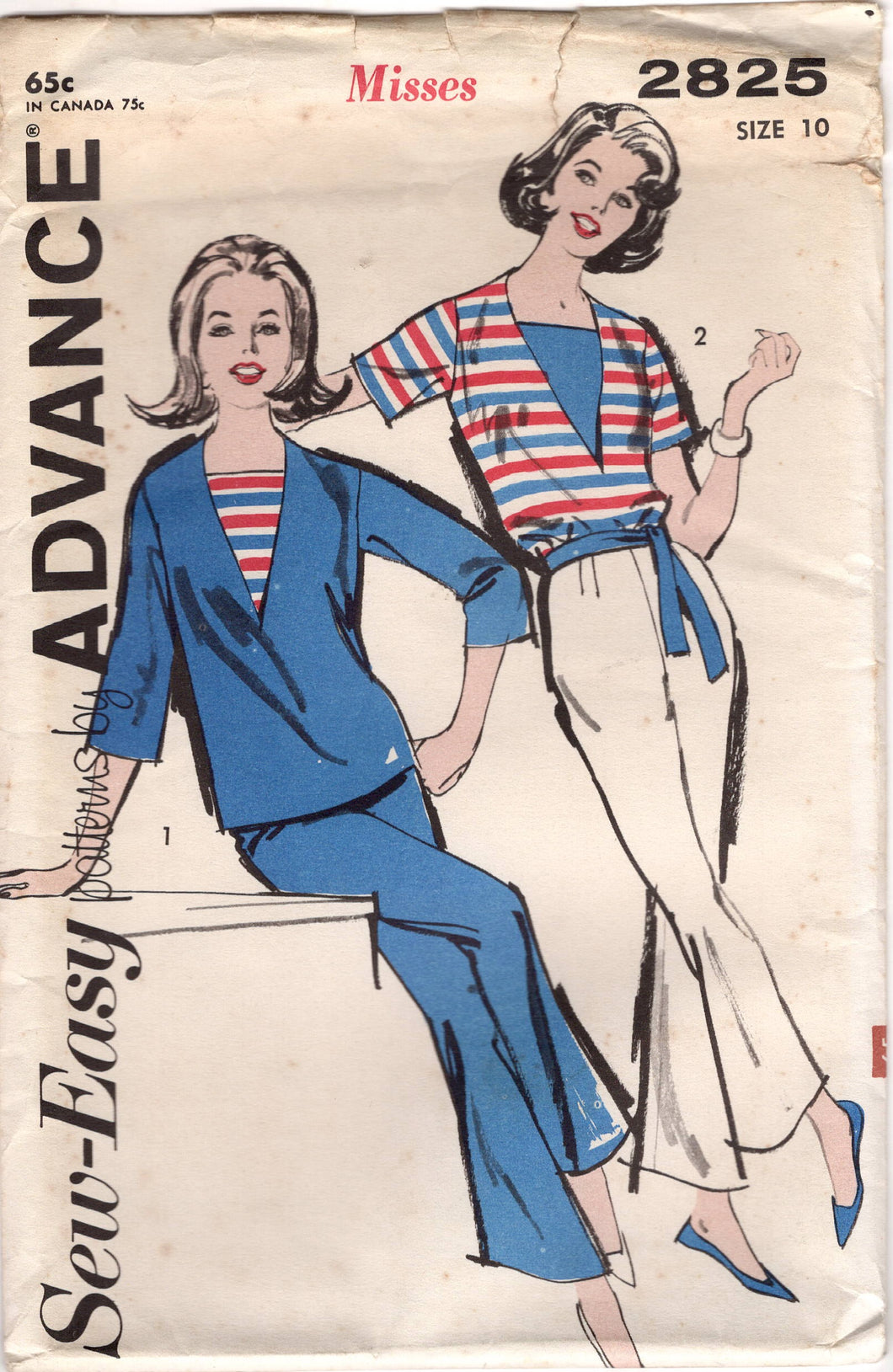 1960's Advance Sports Separates with Pullover Blouse, Dickey and High Waisted Bell Bottom Pants Pattern - Bust 31