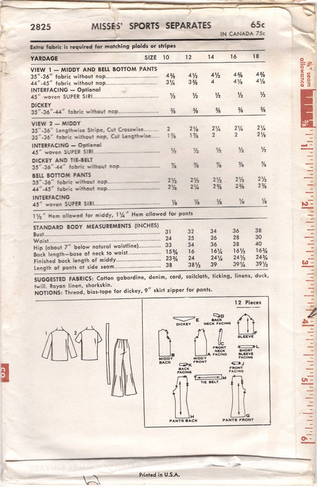 1960's Advance Sports Separates with Pullover Blouse, Dickey and High Waisted Bell Bottom Pants Pattern - Bust 31" - no. 2825