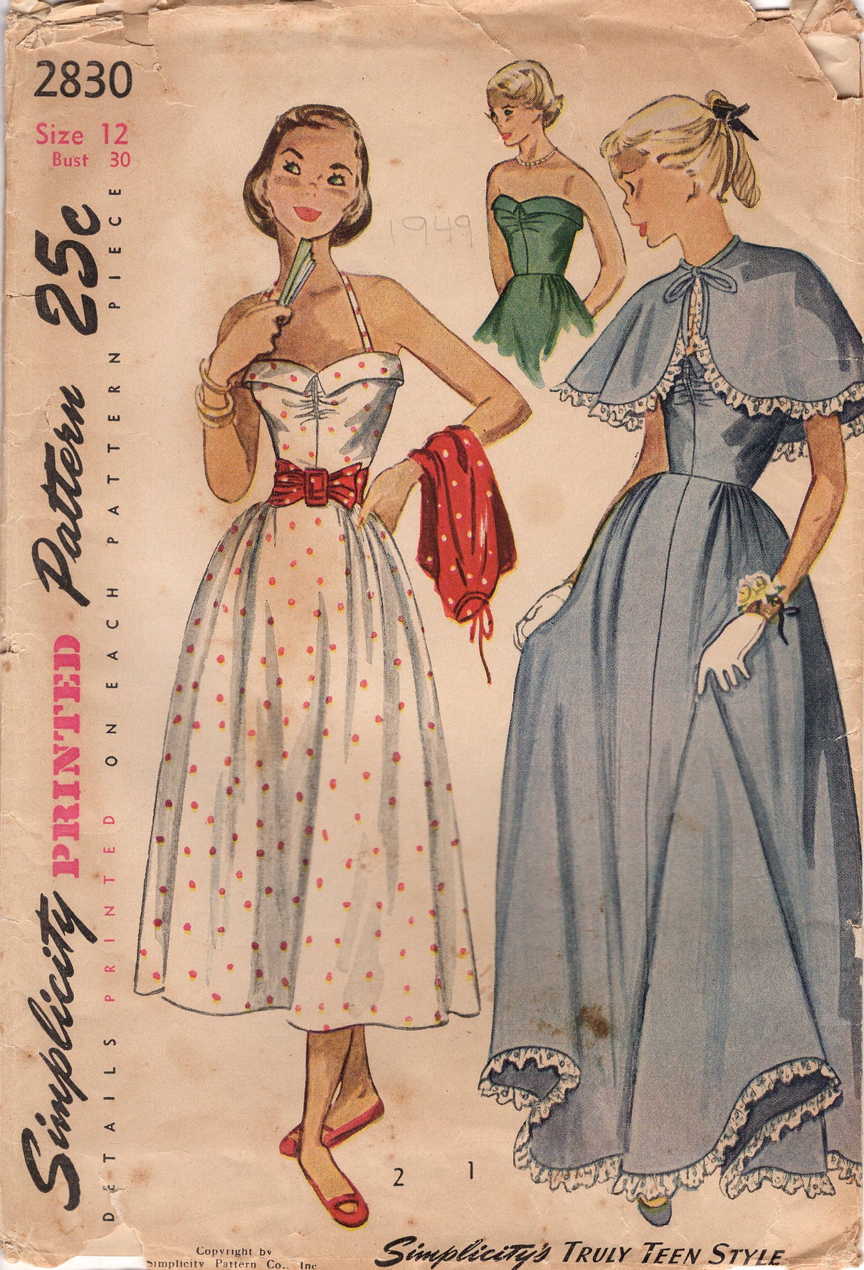 1940's Simplicity Halter or Strapless Dress with Sweetheart Neckline and Capelet pattern - Bust 30" - No. 2830