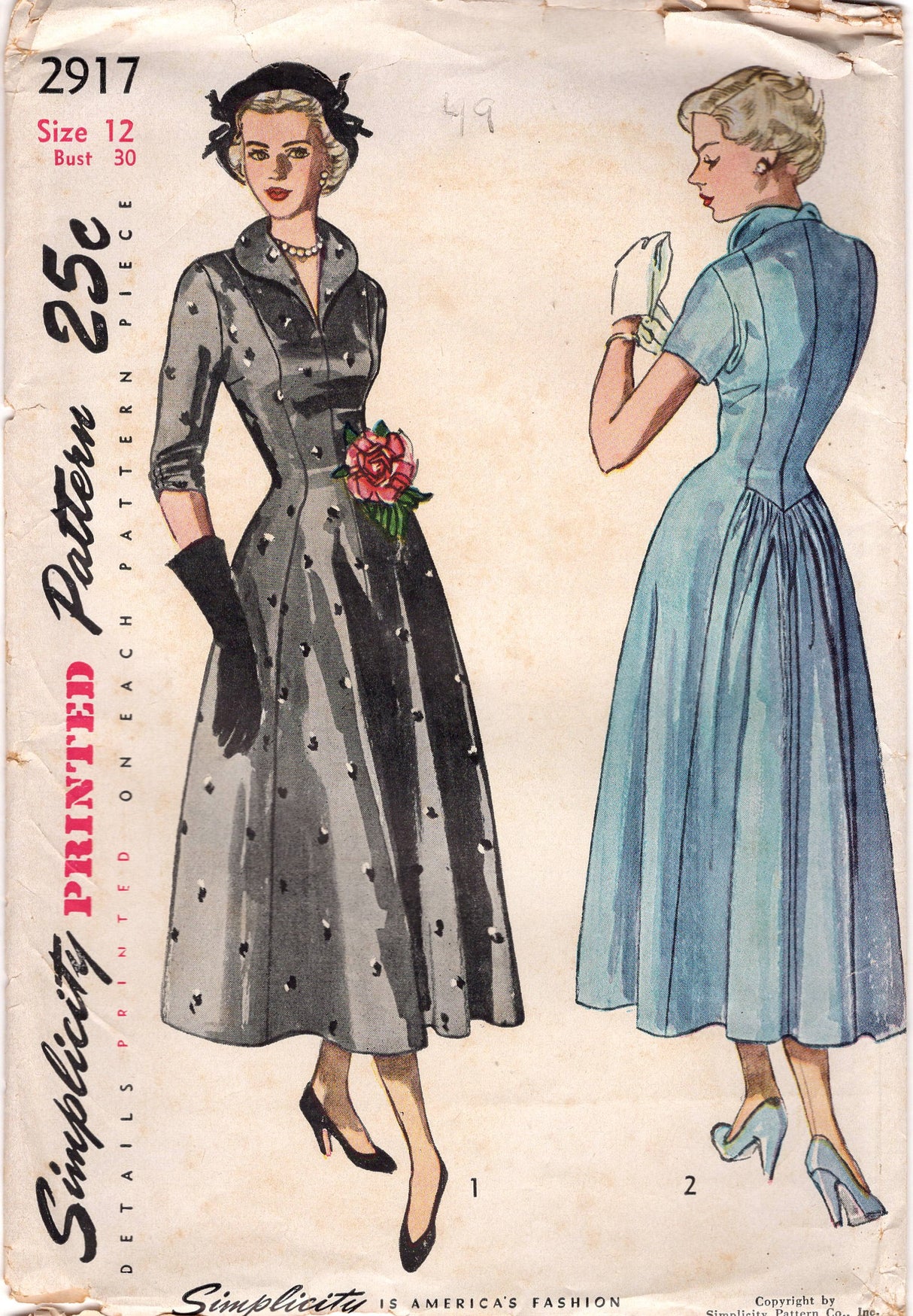 1940's Simplicity Princess Line Dress Pattern with Rolled Collar and Gathered Back Skirt - Bust 30" - No. 2917