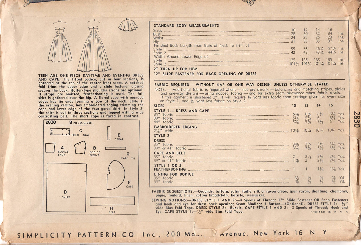 1940's Simplicity Halter or Strapless Dress with Sweetheart Neckline and Capelet pattern - Bust 30" - No. 2830