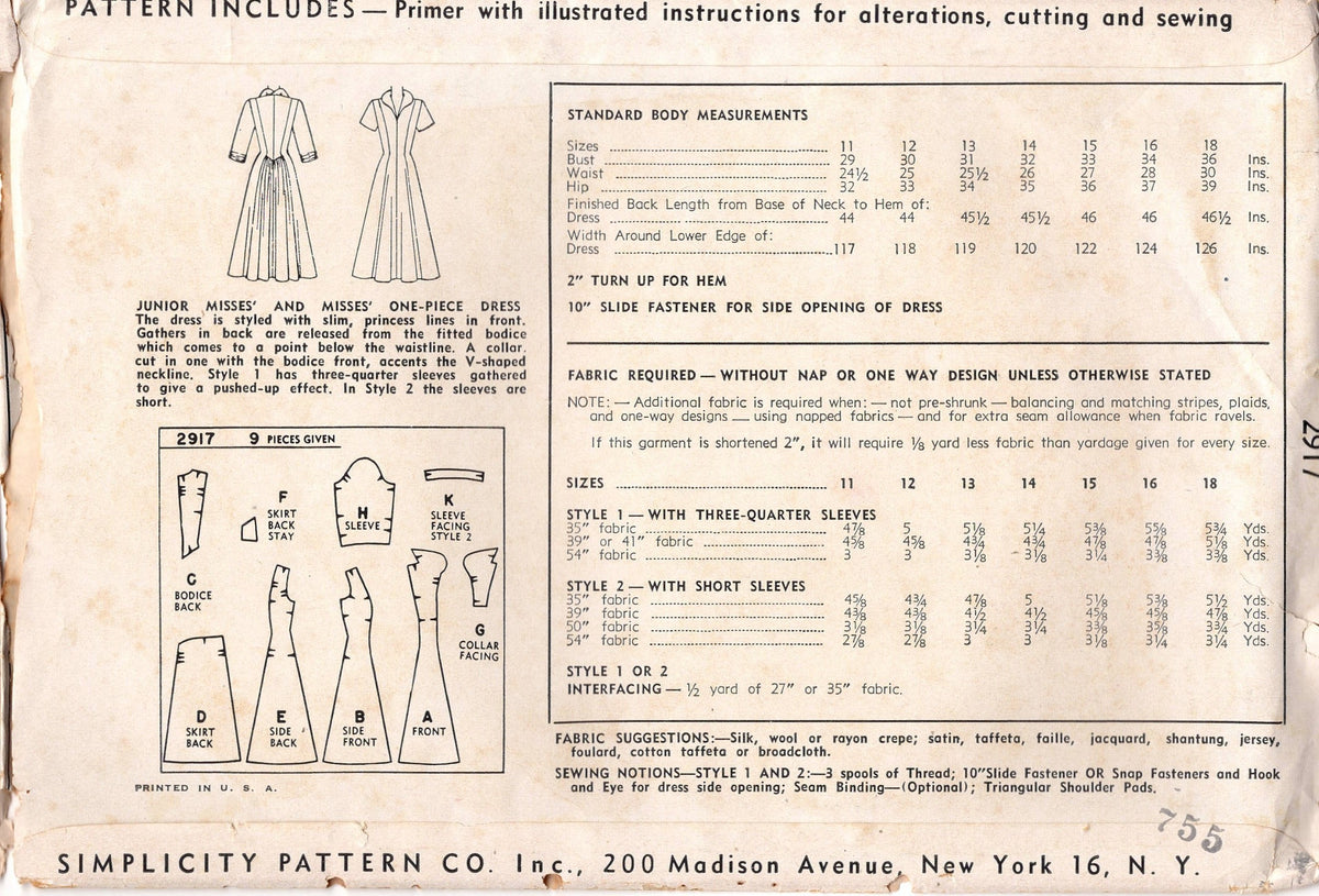 1940's Simplicity Princess Line Dress Pattern with Rolled Collar and G ...