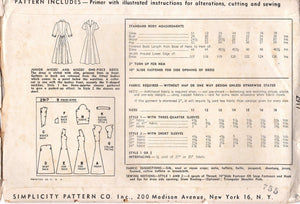 1940's Simplicity Princess Line Dress Pattern with Rolled Collar and Gathered Back Skirt - Bust 30" - No. 2917