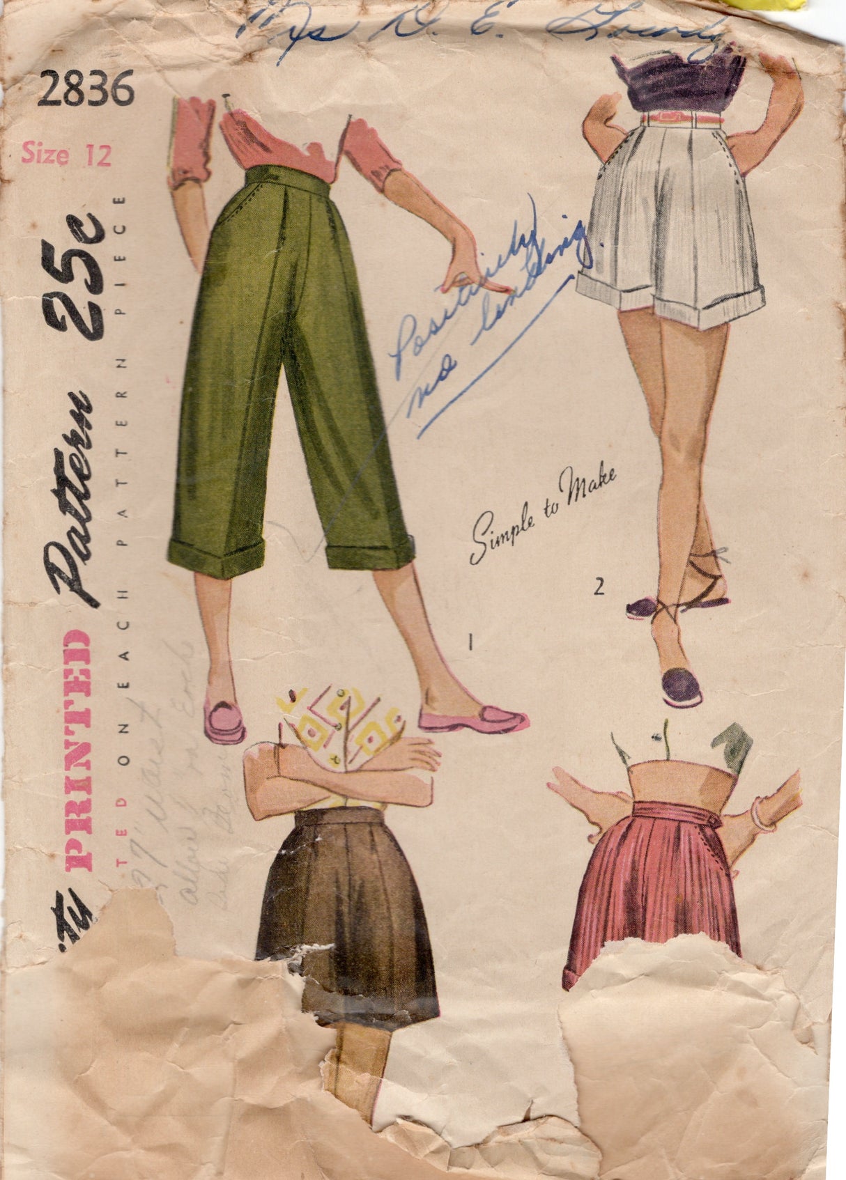 1940's Simplicity Shorts and Pedal Pushers Pattern - Waist 25" - No. 2836