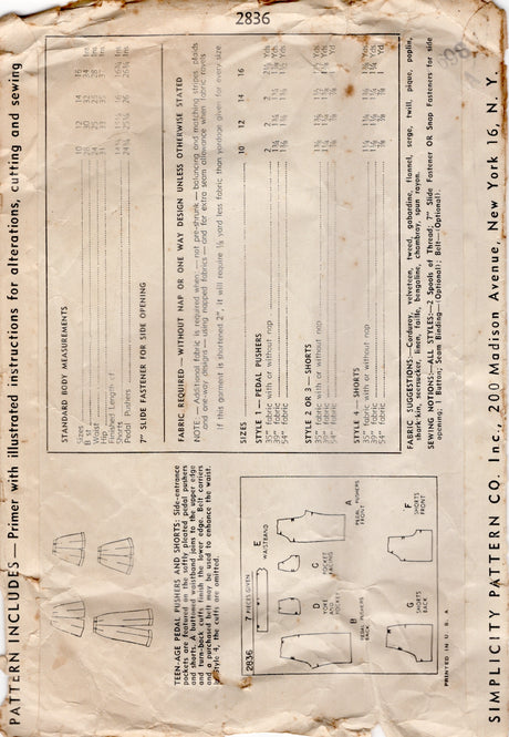 1940's Simplicity Shorts and Pedal Pushers Pattern - Waist 25" - No. 2836