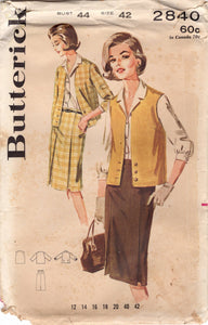 1960's Butterick Jacket, Vest, Straight Line Skirt and Blouse Pattern - Bust 44" - No. 2840