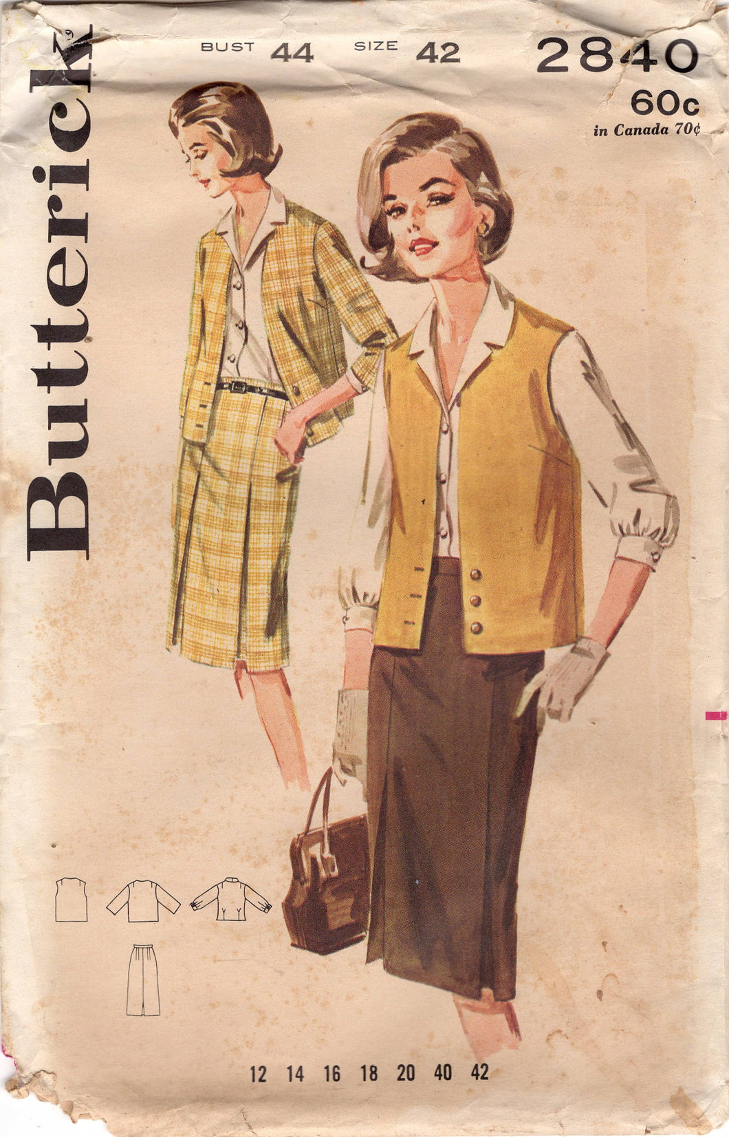 1960's Butterick Jacket, Vest, Straight Line Skirt and Blouse Pattern - Bust 44