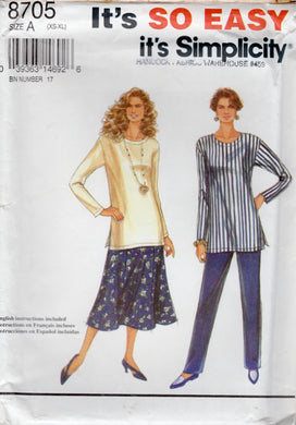1990's Simplicity Extra Long Top, Pants and Skirt Pattern - Bust 30.5-46