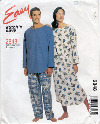 1990's McCall's Unisex Nightshirt, Top and Pull-On Pants Pattern - Bust 42-48