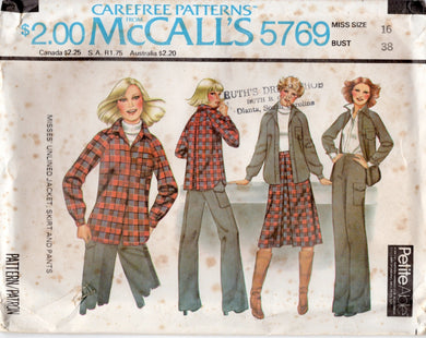 1970's McCall's Unlined Jacket with raglan sleeves, skirt and pants pattern - Bust 30.5-38