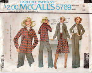 1970's McCall's Unlined Jacket with raglan sleeves, skirt and pants pattern - Bust 30.5-38" - No. 5769