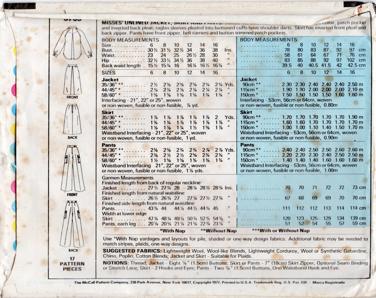 1970's McCall's Unlined Jacket with raglan sleeves, skirt and pants pattern - Bust 30.5-38" - No. 5769