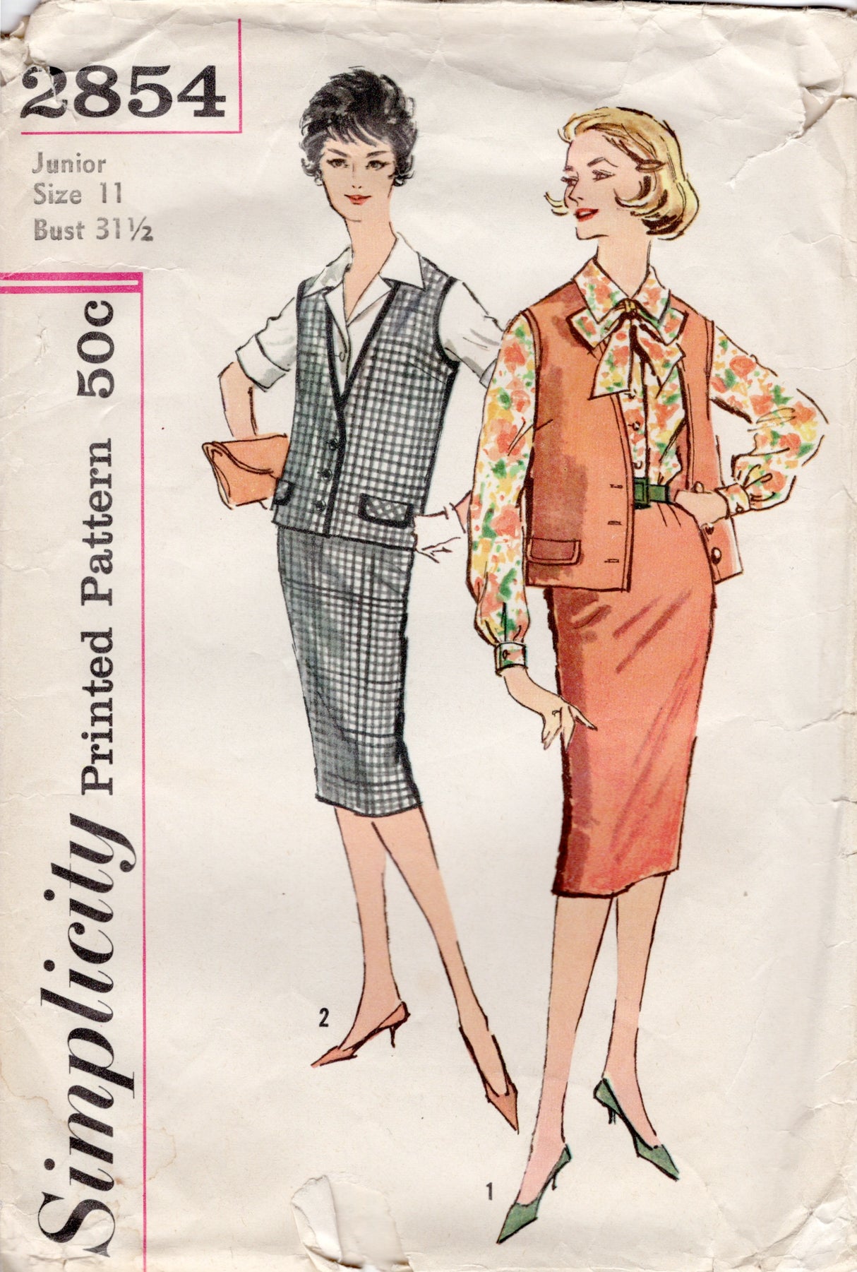 1950's Simplicity Blouse, Skirt and Sleeveless Jacket pattern - Bust 31.5" - No. 2854