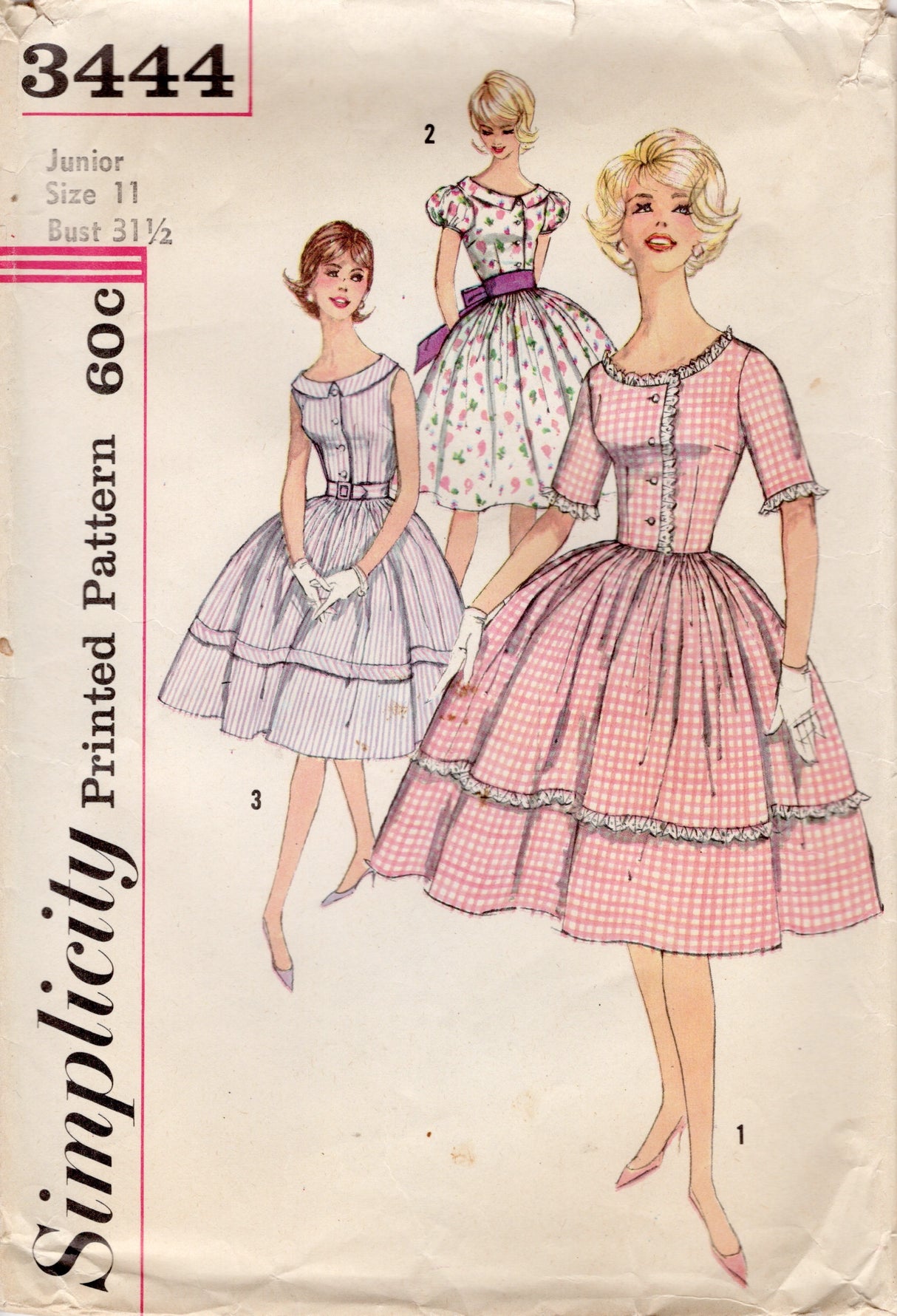 1960's Simplicity Button Up Shirtwaist Dress pattern with Boat Neck and Collar - Bust 31.5" - No. 3444