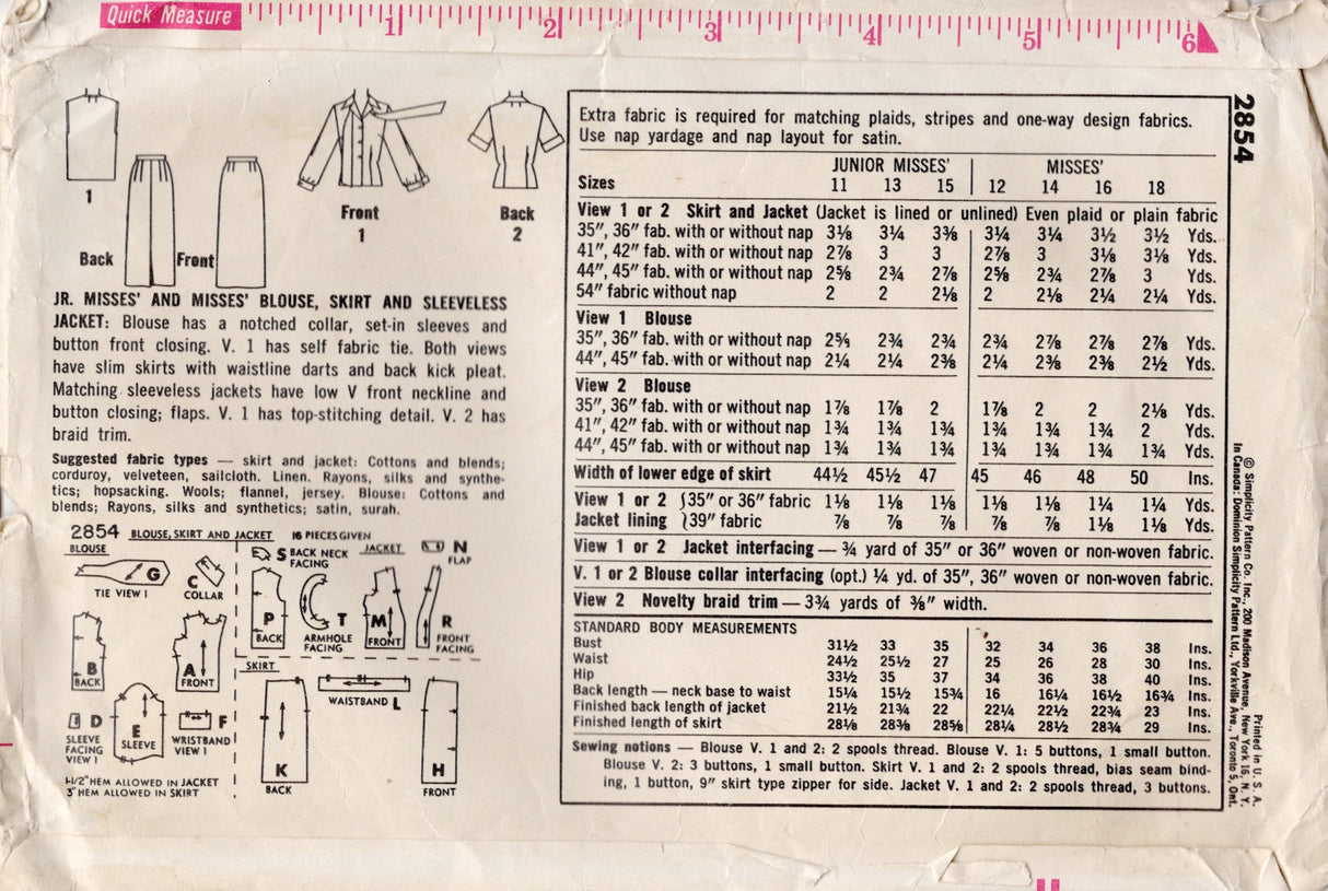 1950's Simplicity Blouse, Skirt and Sleeveless Jacket pattern - Bust 31.5" - No. 2854