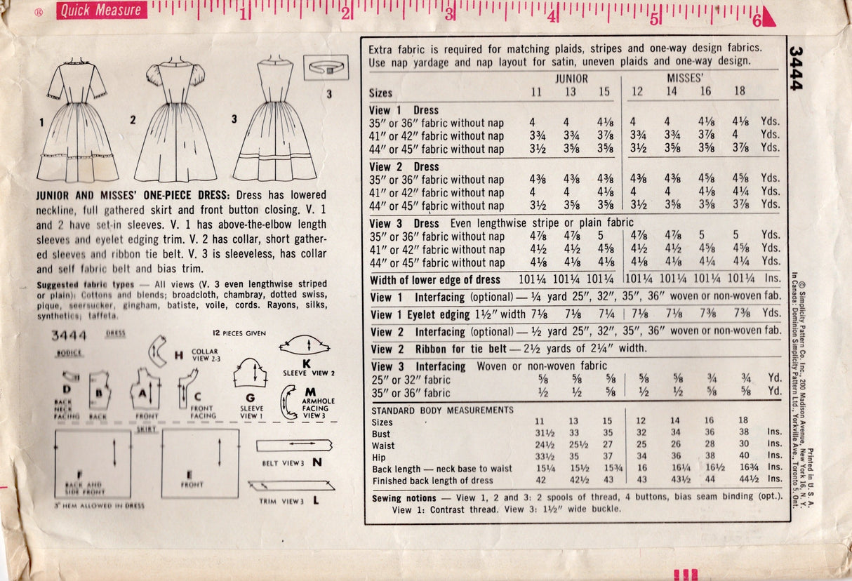 1960's Simplicity Button Up Shirtwaist Dress pattern with Boat Neck and Collar - Bust 31.5" - No. 3444