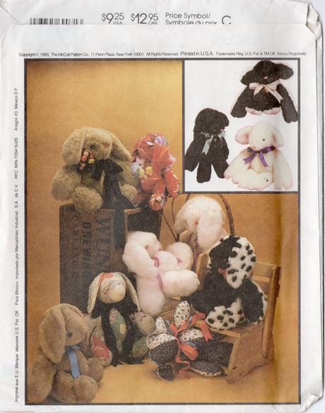 1990's McCall's Carol’s Zoo Stuffed Bear, Rabbit and Lamb Toy Pattern - No. 6907