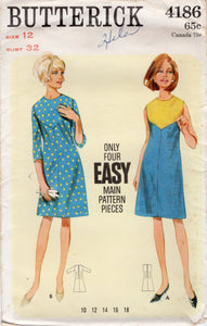 1960's Butterick A-line Shift Dress with or without sleeves - Bust 32" - No. 4186