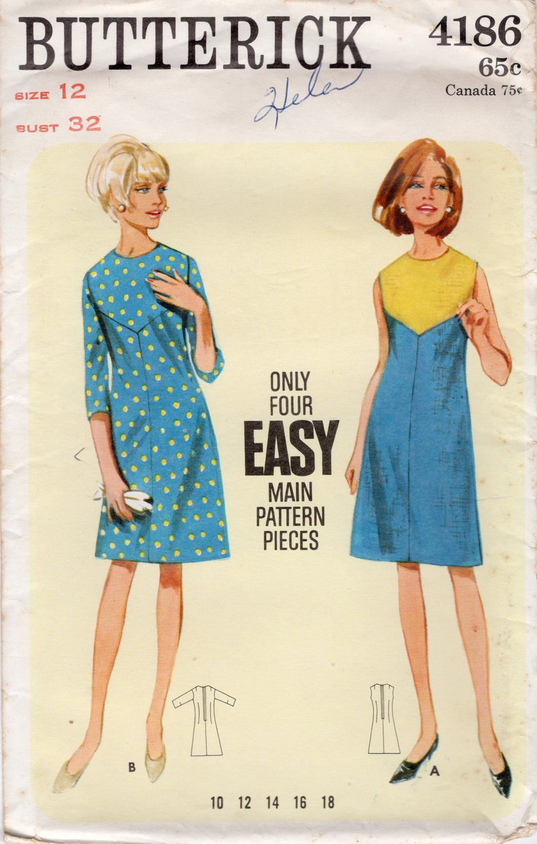 1960's Butterick A-line Shift Dress with or without sleeves - Bust 32