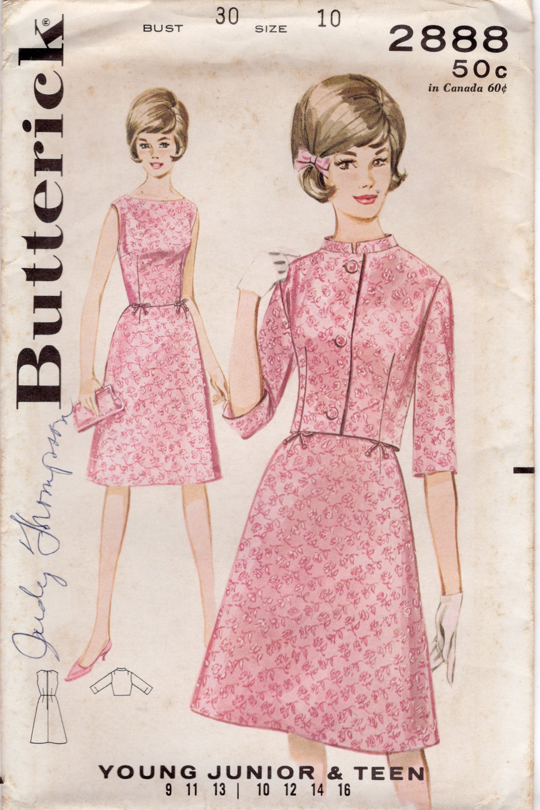 1960's Butterick One Piece Dress with Boat Neckline and Bolero with Mandarin Collar - Bust 30