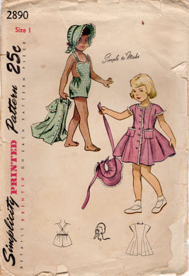 1940’s Simplicity Playsuit, Bonnet and Princess Line Dress Pattern - Chest 20” - No. 2890