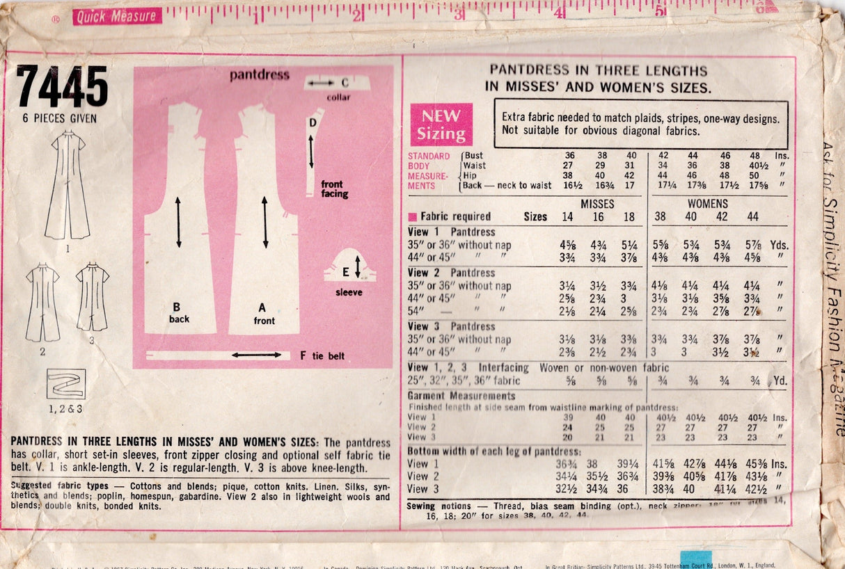 1960's Simplicity Zip Front Romper Pattern - Bust 40" - No. 7445