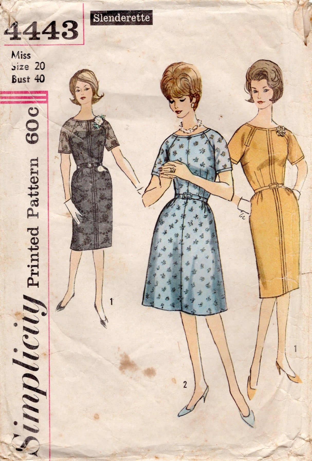 1960's Simplicity Slenderette Sheath  or Fit and Flare Dress Pattern with Top Stitching detail  - Bust 40" - No. 4443