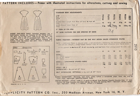 1940’s Simplicity Shirtwaist Dress Pattern with Patch Pockets - Bust 38” - No. 2910