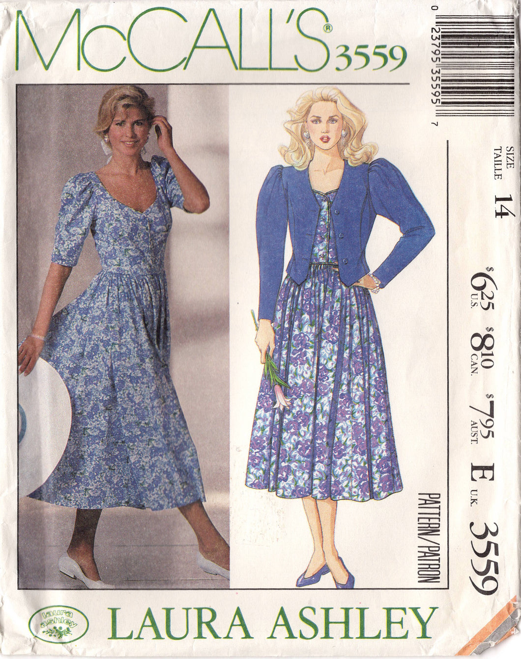 1980's McCall's Laura Ashley Shirtwaist Dress with Gathered Skirt and Lined Jacket Pattern  - Bust 36
