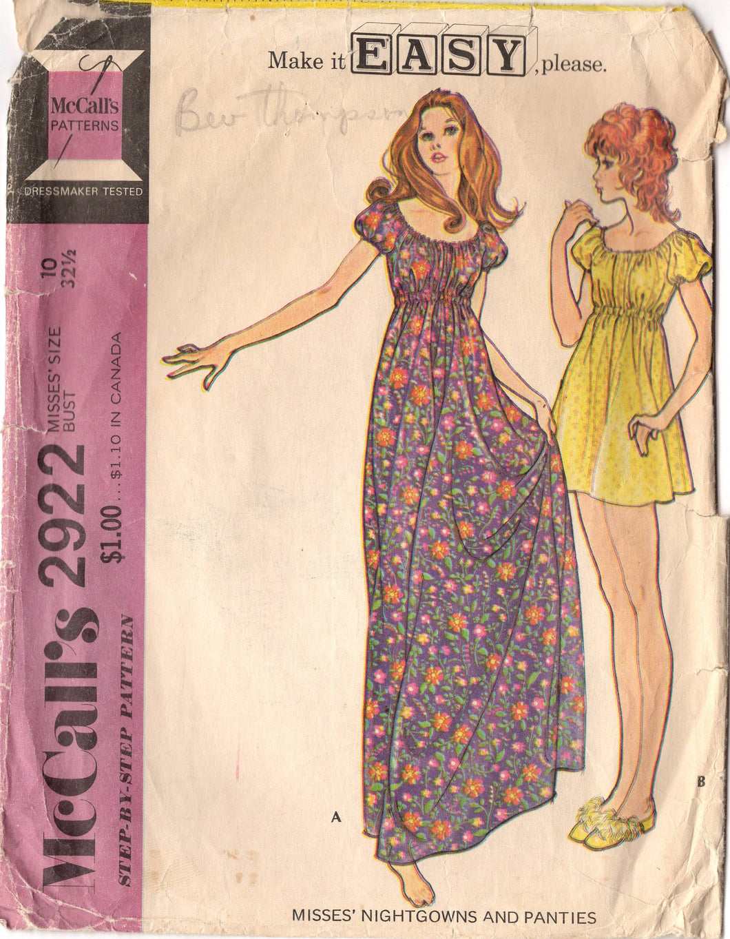 1970's McCall's Long or Short Nightgown and Panties pattern - Bust 32.5