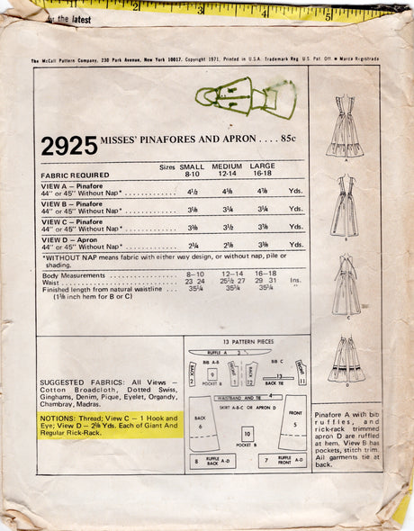 1970's McCall's Pinafora or Full Apron with Ruffle Shoulders - Waist 29-31" - No. 2925