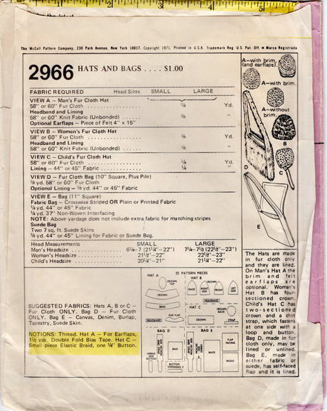 1970's McCall's Hats and Bags Patterns designed for fur - One size" - No. 2966