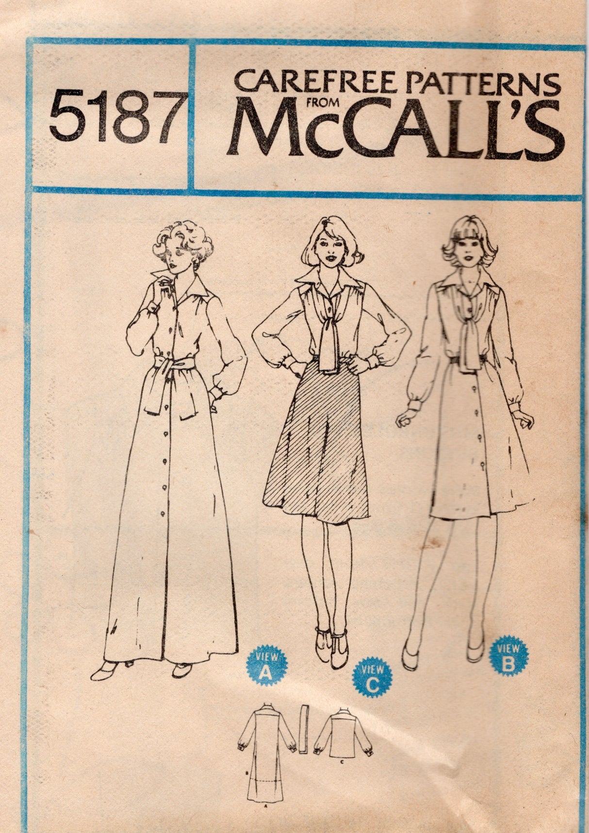 1970's McCall's Button Up Dress or Top pattern  - Bust 43-47" - No. 5187