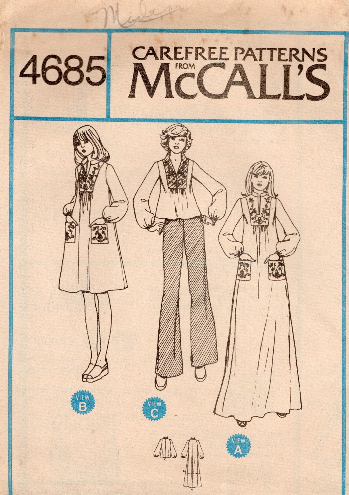 1970's McCall's Pullover Dress or Top pattern  - Bust 36-38" - No. 4685