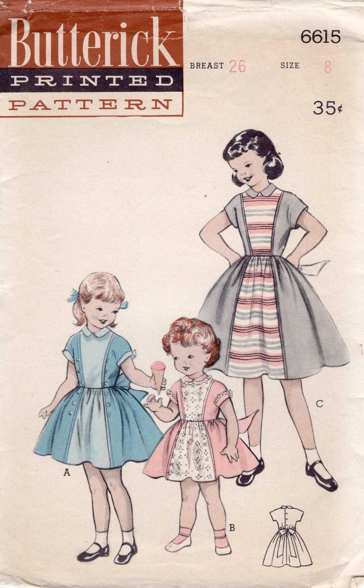 1950's Butterick Child's Contrasting Panel, Elastic Waist Dress Pattern  - Chest 26" - No. 6615
