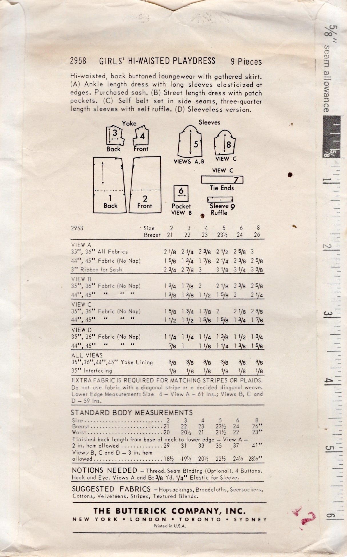 1960's Butterick Child's Yoked Dress Pattern in Two Lengths - Chest 26" - No. 2958