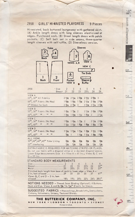 1960's Butterick Child's Yoked Dress Pattern in Two Lengths - Chest 26" - No. 2958
