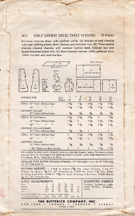 1950's Butterick Child's Sheath or Drop Waist Dress Pattern with Gathered or Pleated Skirt - Chest 28-30" - No. 8651